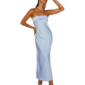Satin Backless Tube Tops Maxi Dress Blue